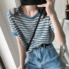 Ice silk T-shirt short sleeve Pullover summer thin off shoulder striped T-shirt loose Korean versatile thin top