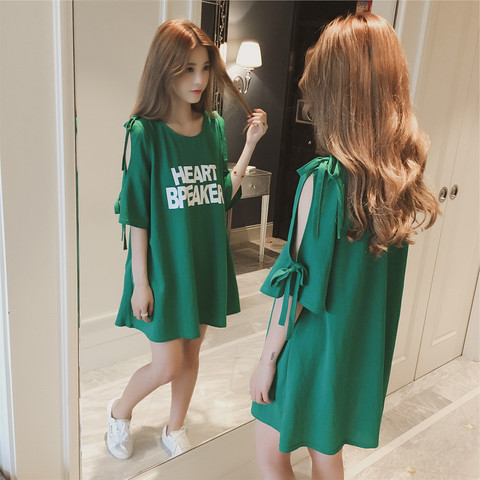 2022 summer Korean bow letter printed 5 / 4 sleeve T-shirt women's top women's middle and long leaky shoulder T-shirt skirt