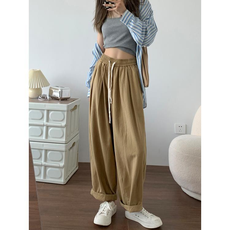 Khaki overalls women's autumn and summer high-waisted slim cotton loose radish pants casual straight pants wide leg pants