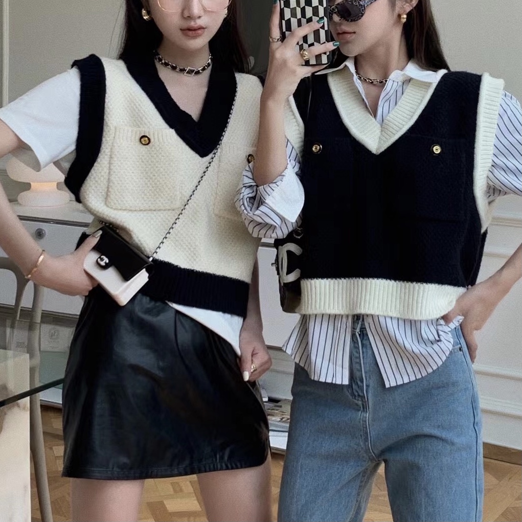 StandAlone retro British style color-blocking color-blocking vest woolen women's layered double-pocket v-neck sleeveless sweater