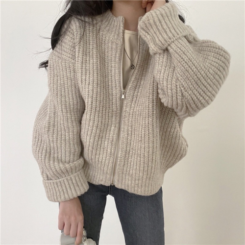 Korean chic casual wild winter wild sweater jacket solid color zipper thick knitted cardigan