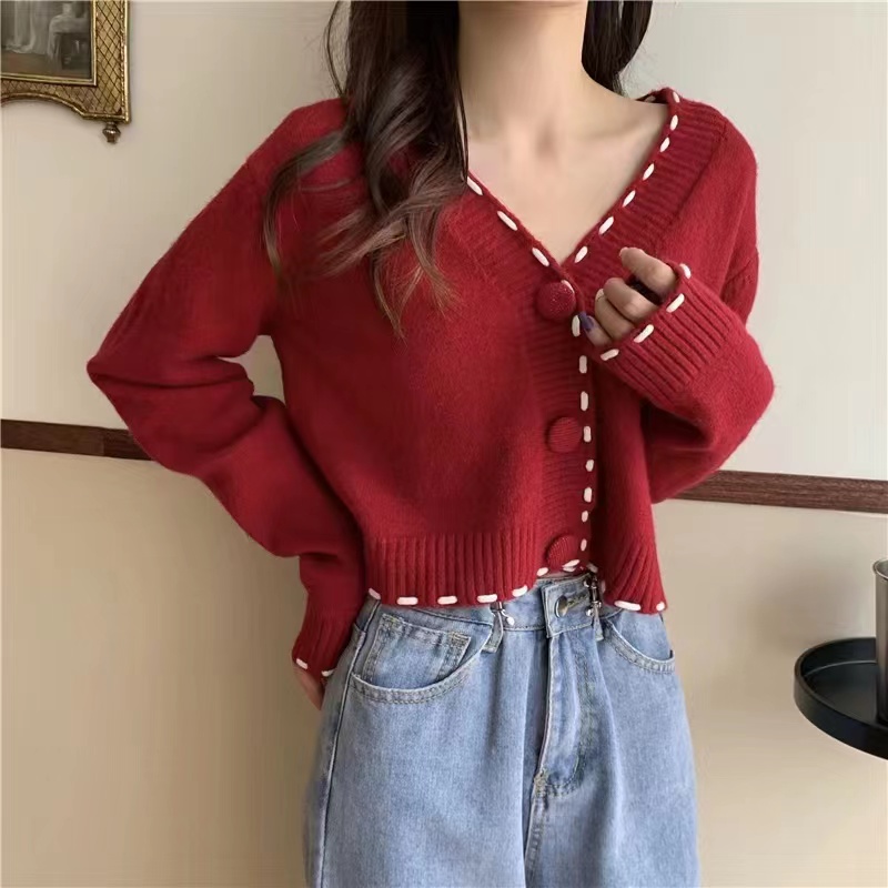 South Korea's new niche design handmade line high waist knitted sweater women's jacket short bm top V-neck sweater cardigan