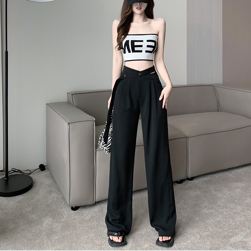 Korean ins niche design hollow open waist pants women's summer super a fried Street high-grade buckle belt wide leg pants