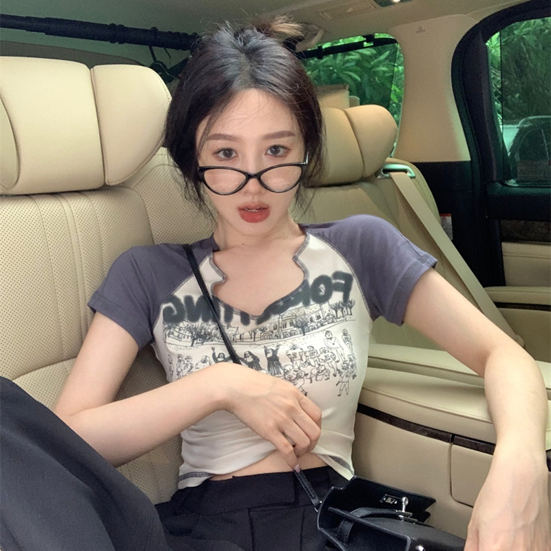 Official picture 6535 pull frame cotton hot girl tight and thin U-neck T-shirt female 2023 summer new American style