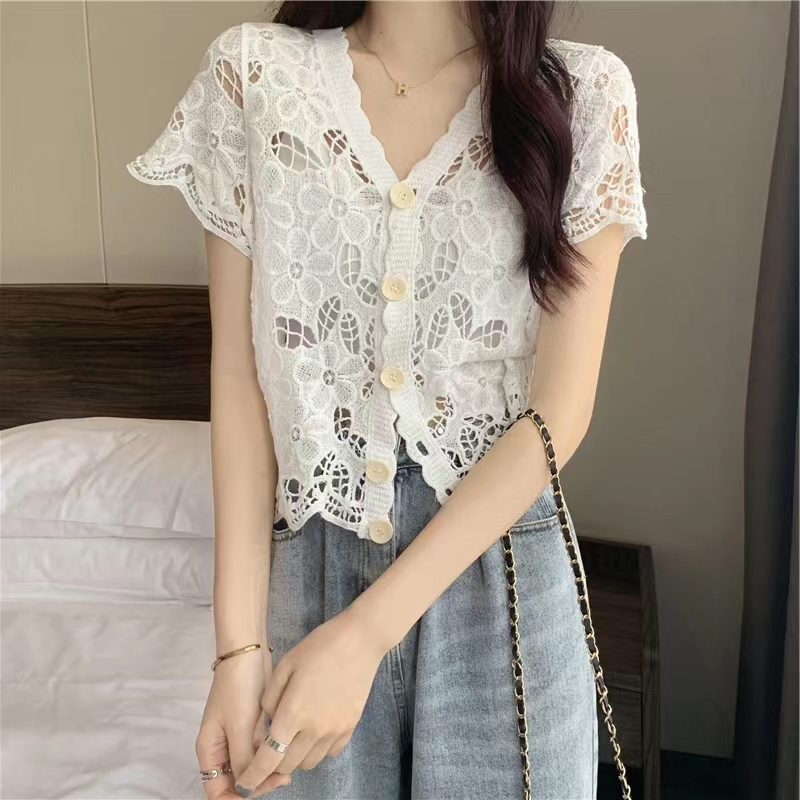 Short sleeve 2022 hollowed out Crochet top loose thin versatile V-neck short knit cardigan ins women