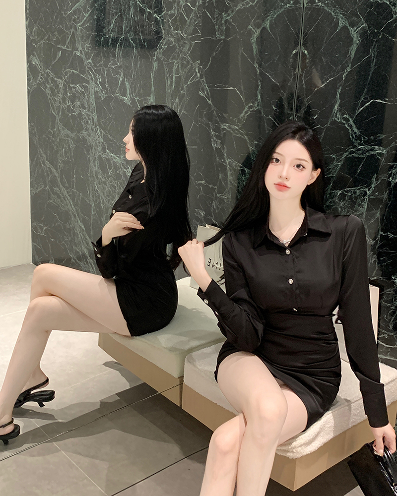 Real price glossy satin OL commuter shirt skirt spring dress female