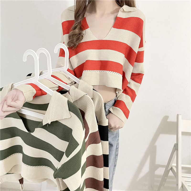 Real shooting and real price new Korean loose lazy style versatile top Pullover striped long sleeved sweater women