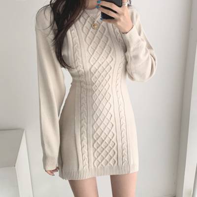 Korean ins autumn and winter temperament round neck rhombic pattern careful machine backless slim wrap hip knitted dress women