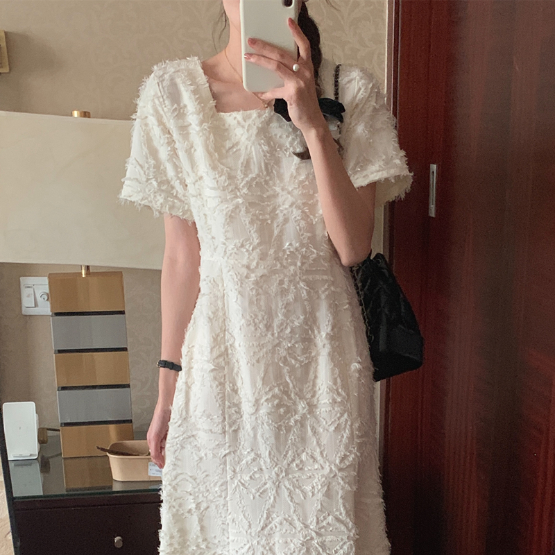 Gentle and airy niche square collar design slim mermaid skirt rear slit tie jacquard dress