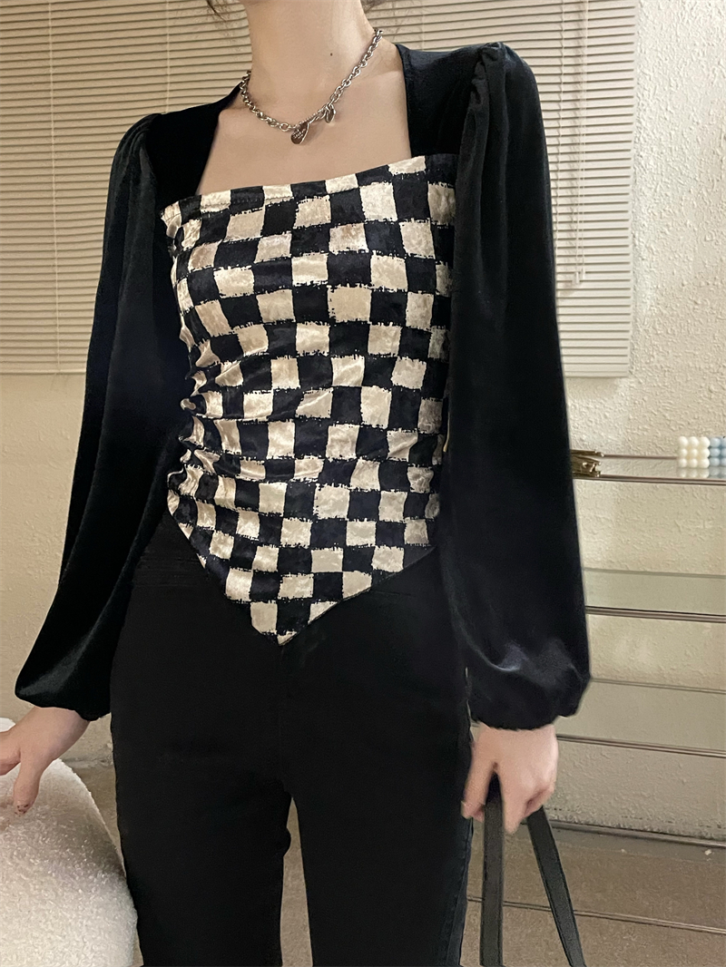 Real price ~ slim square neck checkerboard design feeling velvet bubble sleeve top