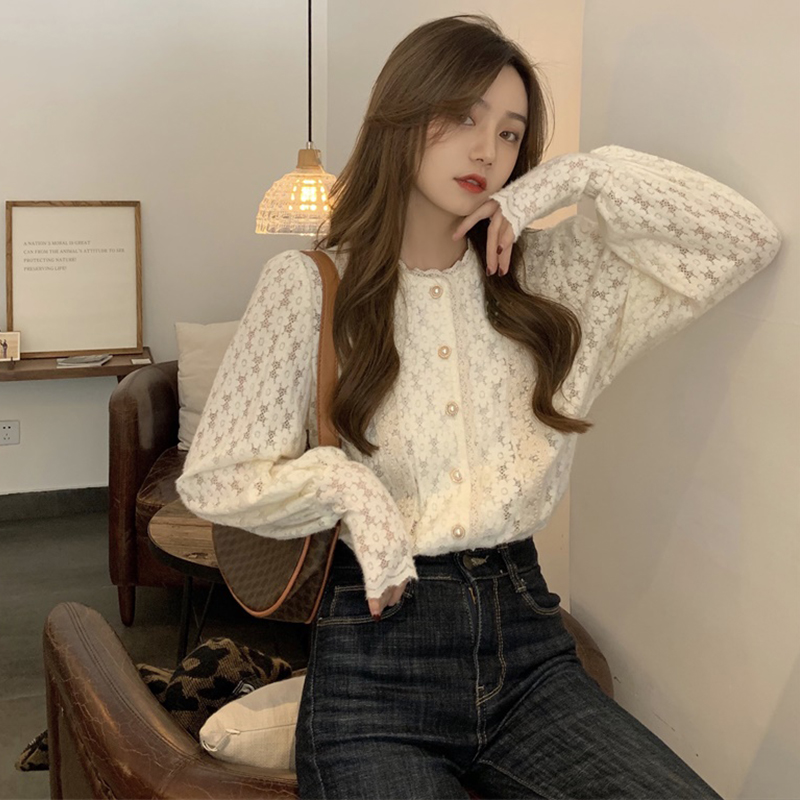 2022 spring dress new large women's dress sweet bubble sleeve hook flower foreign style, wearing lace shirt outside