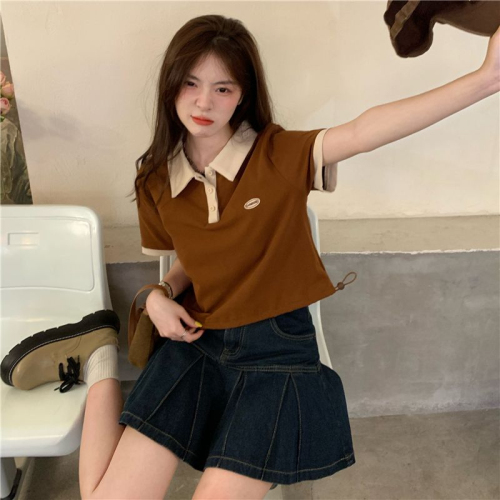 Design Sense Fashion Polo Neck Short T-shirt Summer 2023 New Vintage Style Contrast Color Short Sleeve Top Women's Wear