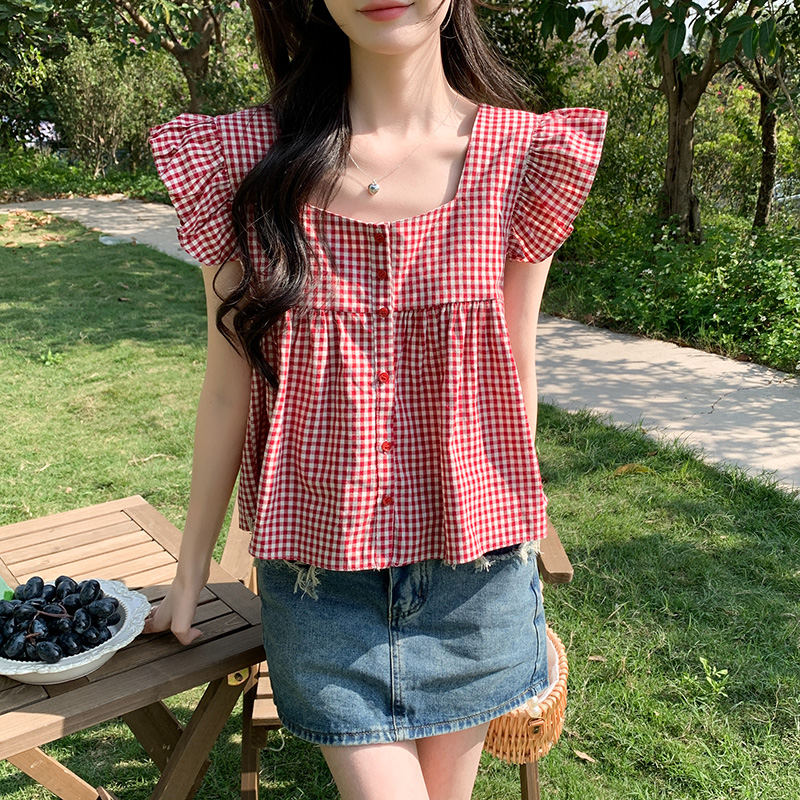 Real shot pure cotton T-shirt yarn-dyed plaid square collar shirt women's short-sleeved short section loose shoulder small flying sleeve top summer