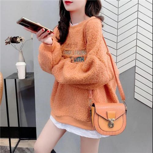 2021 new embroidered letter stitching fake two pieces of imitation lamb wool sweater women's winter Plush thickened coat fashion