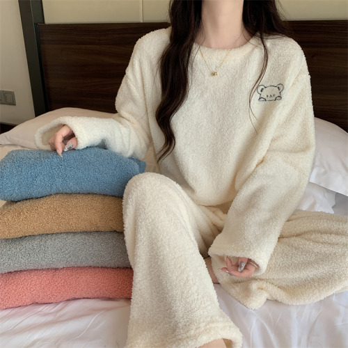 Real shot Lamb Plush Pajamas Set Women 2022 New Loose Thickened Casual and Comfortable Homewear Two-piece Set