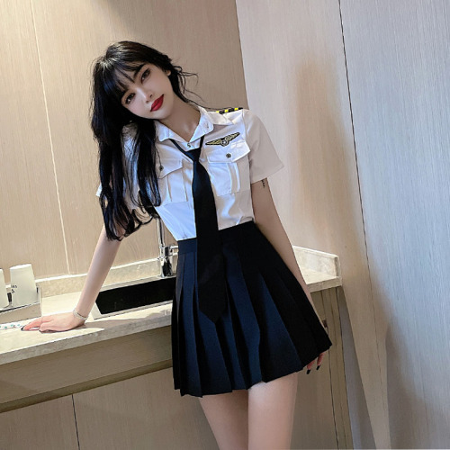 Live shot stewardess uniform female summer nightclub bar work clothes Navy professional short sleeve tie shirt suit