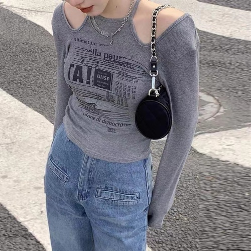 Pure Desire Chic Hot Girl Hollow Out Shoulder Top Irregular Haltering Long Sleeve Bottoming Knit Sweater