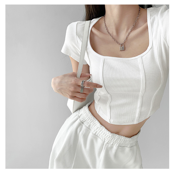 Ribbed retro three-dimensional fishbone line base shirt square neck T-shirt navel cropped top