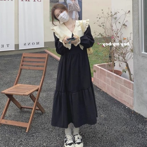 Korean chic Western-style large lapel contrast color pleated tie waist loose hem ruffled dress long skirt women