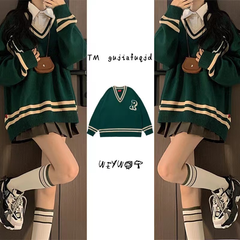 Korean version loose V-neck college contrast color strip all-match knitted pullover sweater top women