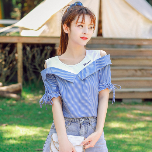 Actual photo new summer short sleeve Korean off shoulder stripe T-shirt show thin embroidery Chiffon Top Female