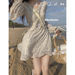 Baishui women's floral dress women's spring autumn gentle wind design small crowd waist long sleeve V-neck first love skirt