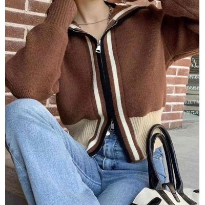 Stitched contrast knit hooded Double Zipper Jacket Women's spring new Korean style waist closing thin sweater cardigan