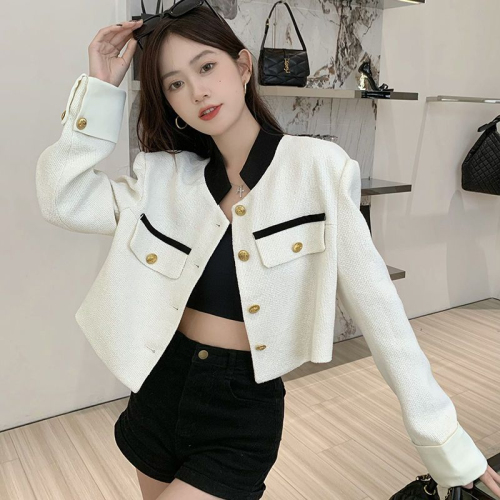 Xiaoxiangfeng coat women's autumn 2022 new high-end woven short stand collar loose long-sleeved top
