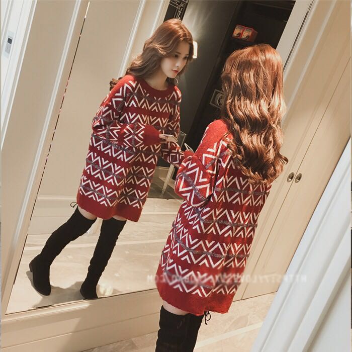 Autumn, winter and winter new Korean medium length bright silk red pullover wool skirt for women's loose and thick long sleeve sweater