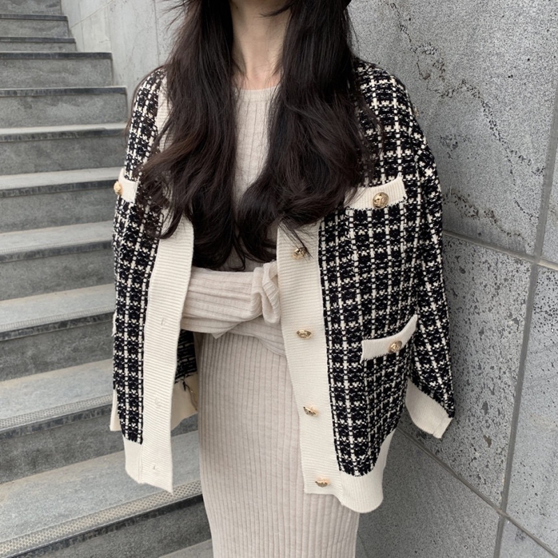 Korean chic retro thousand bird check V-neck chic button loose and versatile knitted cardigan sweater short coat women
