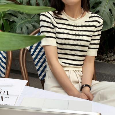SRK short sleeve small fragrance stripe sweater women's summer thin 2022 new design slim French top