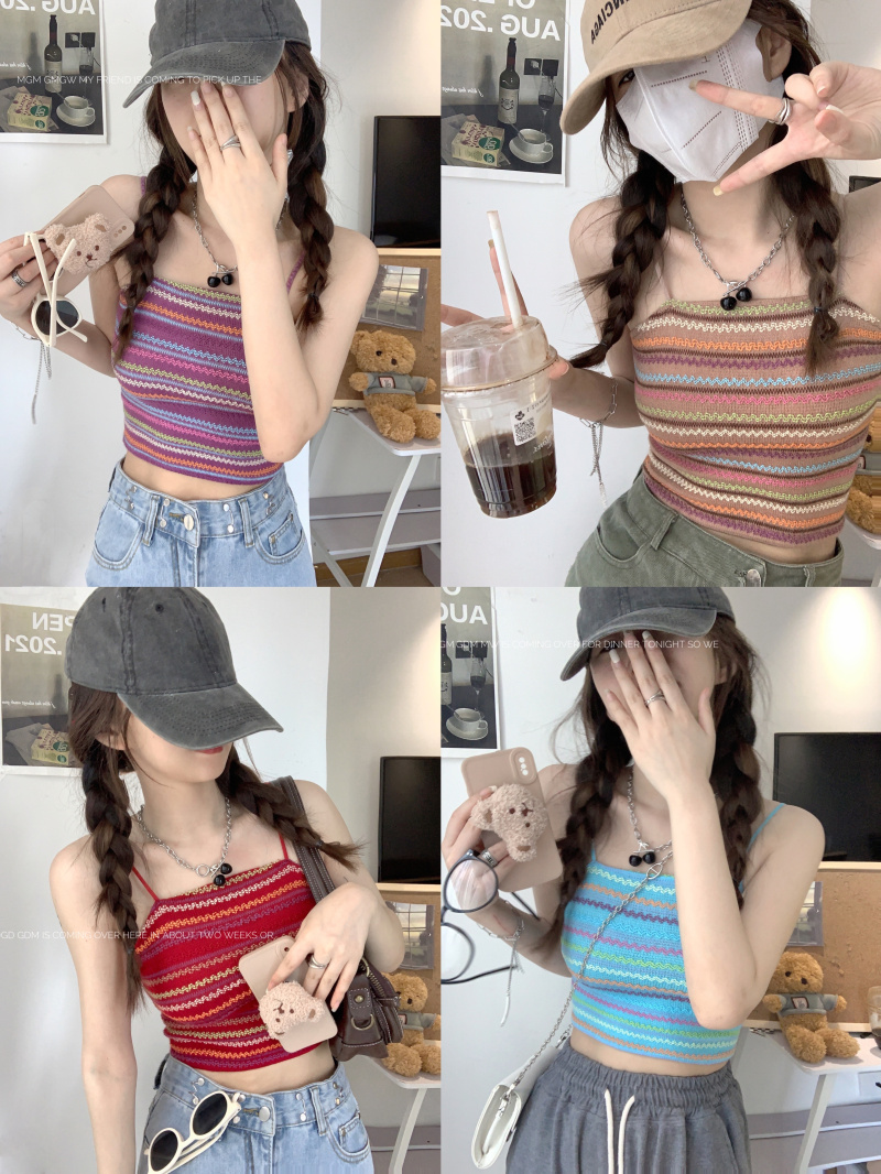French design sense of niche knitted suspender vest women's summer sweet and spicy short inside and outside sleeveless chic top