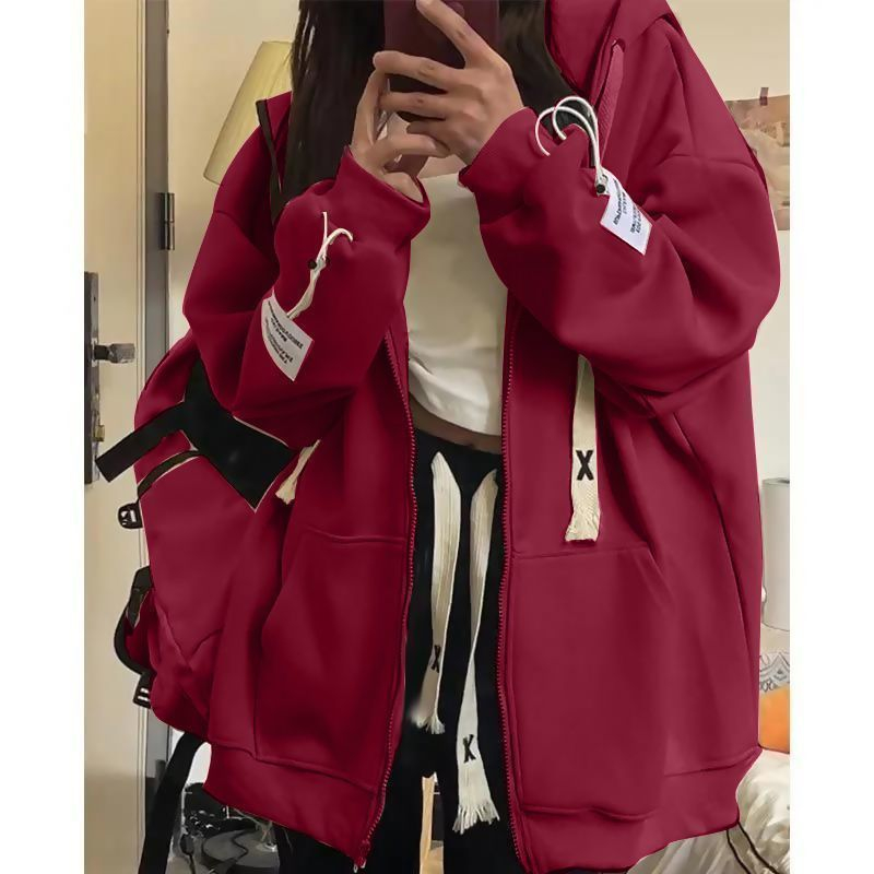 Autumn and winter fleece retro hooded loose cardigan sweater coat