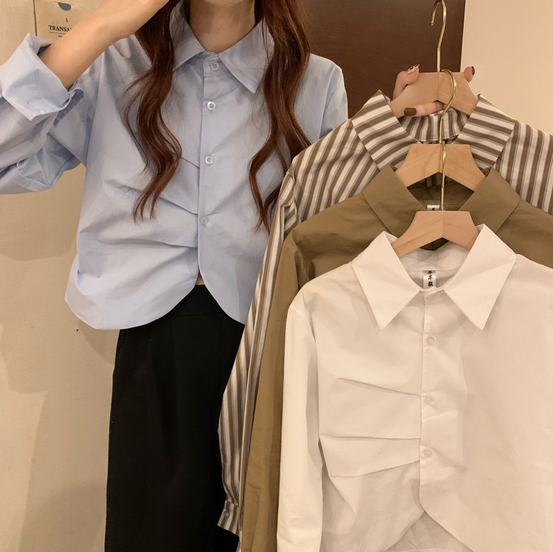 Real price real shooting autumn new Korean style foreign style design feeling pleated short age reducing Long Sleeve Shirt