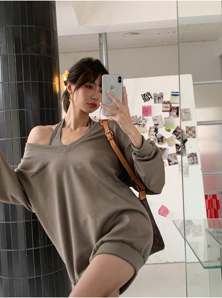 New halter vest skirt + V-neck off-the-shoulder lazy mid-length women's sweater two-piece suit
