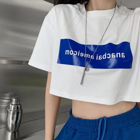 European and American alphabet printed short sleeve T-shirt women's round neck short navel exposed Spice Girl chic chic minority top