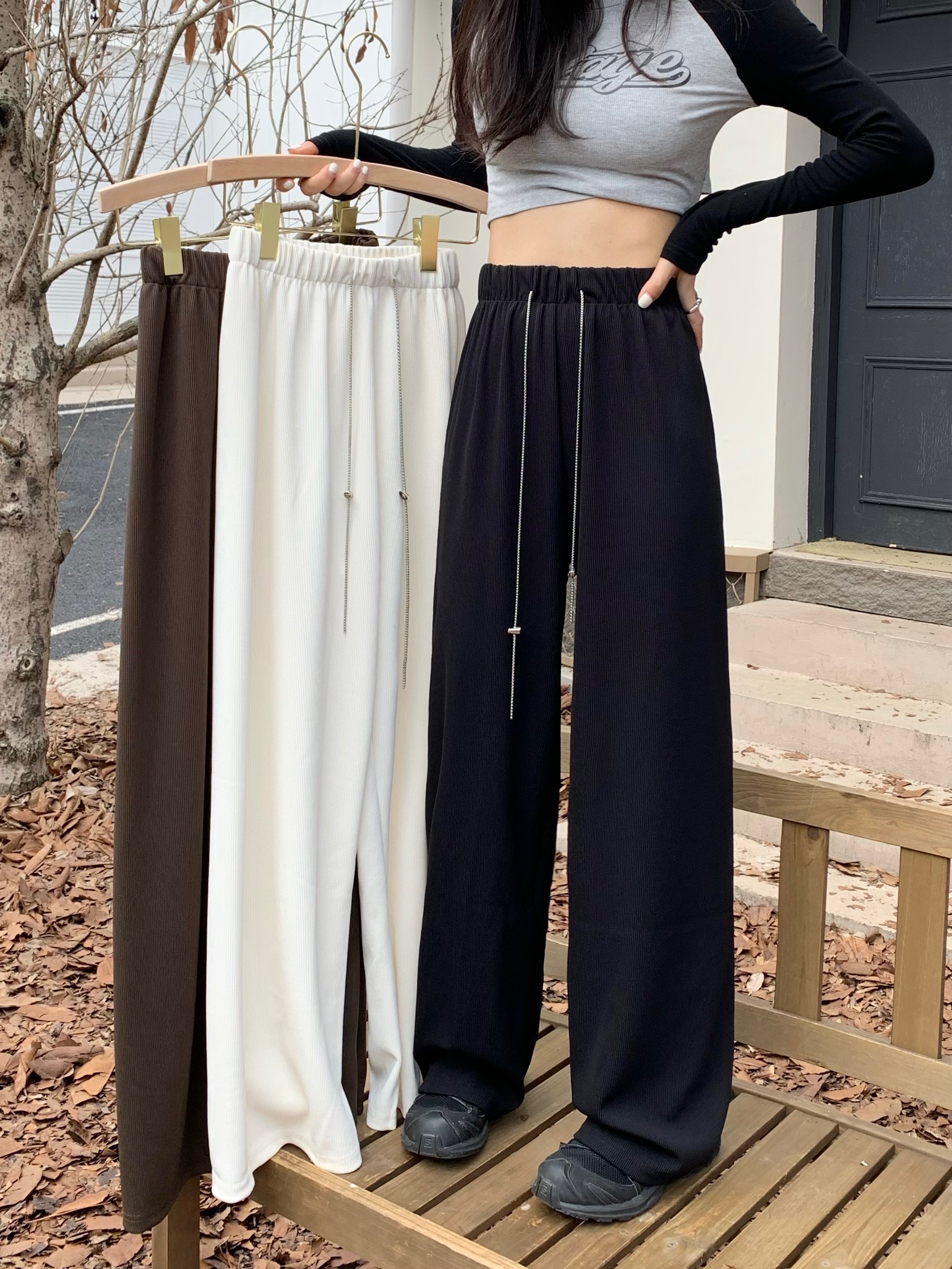 Real shooting real price high waist thin drawstring vertical tube wide leg pants