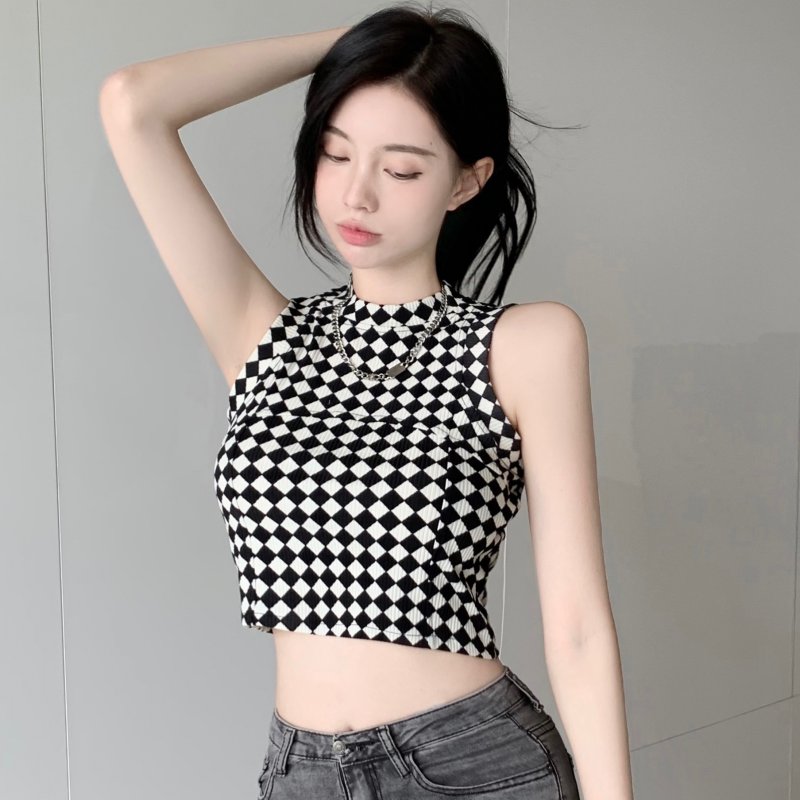 Vintage and versatile Plaid zebra round neck sleeveless vest short open navel bottomed shirt women's top