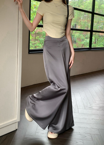 Real price high-end solid color silky satin drape casual wide-leg pants
