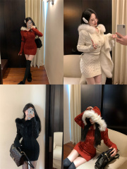Real shot Autumn and winter New Year's shirt beautiful furry hooded woolen dress