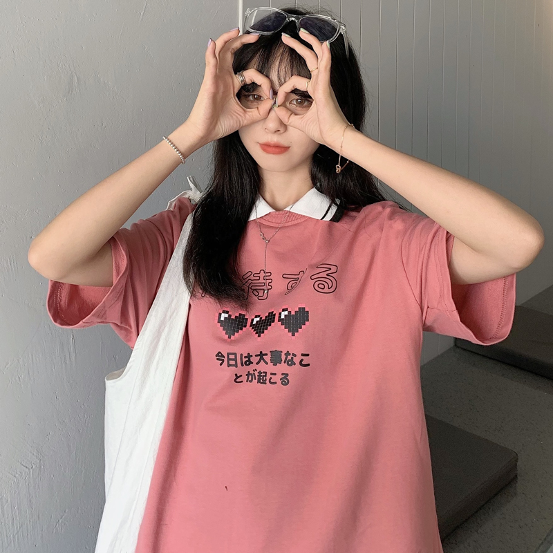 Real shot 2022 new summer clothes college style printed polo collar medium length Shirt Short Sleeve T-Shirt women