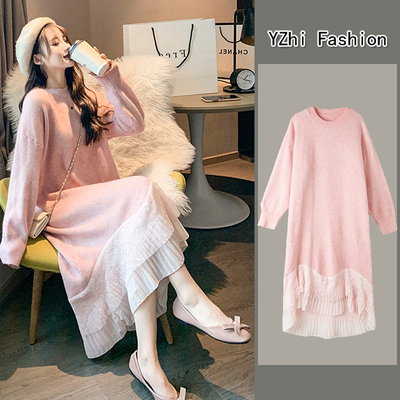 2021 autumn new sweater medium length over knee autumn winter maternity dress autumn winter skirt bottomed dress