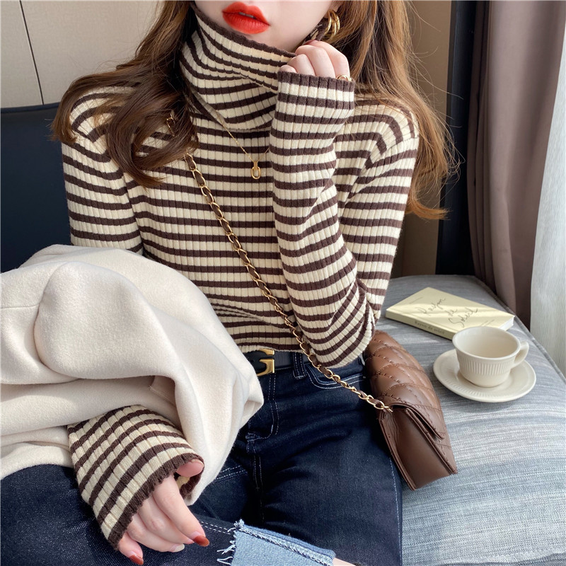 Striped turtleneck bottoming shirt women's autumn and winter foreign style inside with fleece new all-match sweater knitted top