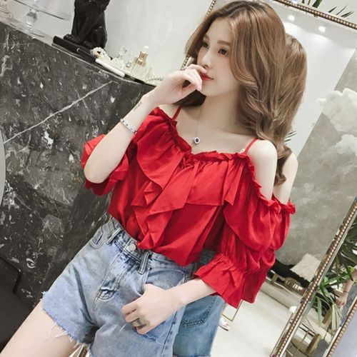 Chic women's Korean chic off shoulder sling with two shoulder collarbone top small fresh and sweet temperament small shirt