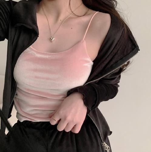 Protected details real shot Peach Pink Velvet suspender vest girl heart with solid color spring and summer