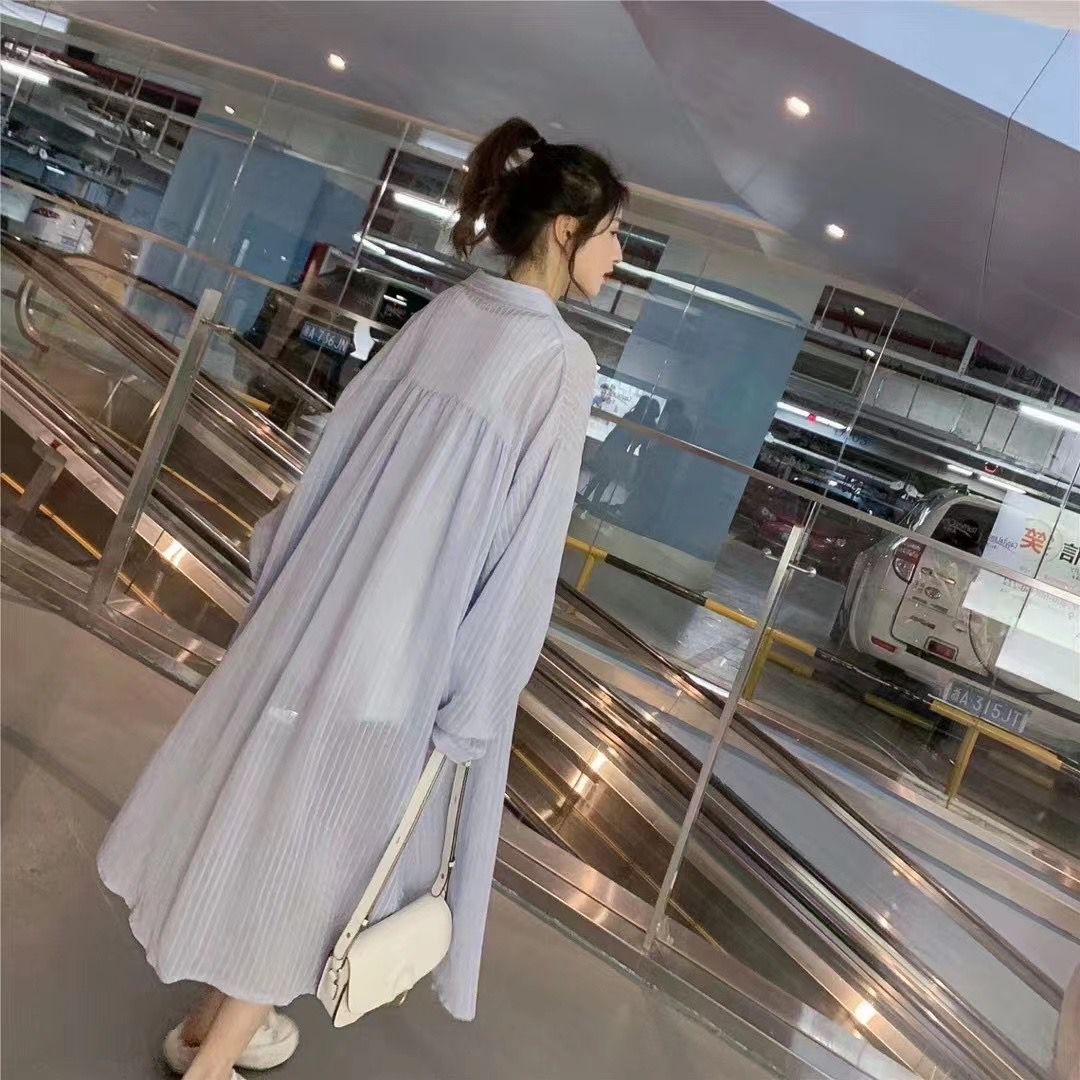 2022 spring and summer new very fairy sunscreen clothes fairy middle long coat Korean top super fairy Stripe Shirt