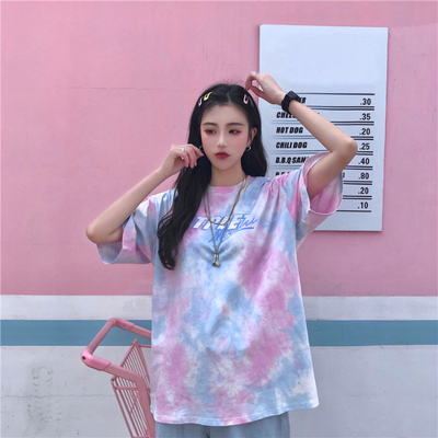 Korean loose medium long original style tie dye top summer new short sleeve female T-shirt student female trend