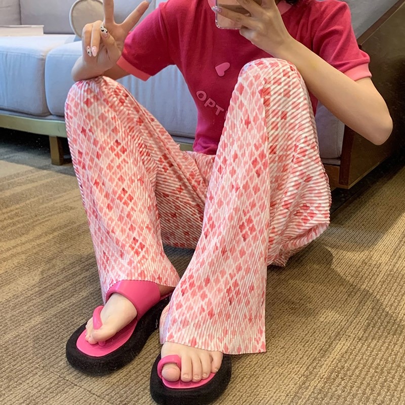 Official figure floral pleated wide leg pants children summer high waist straight tube mop hanging casual pants pleated thin pants