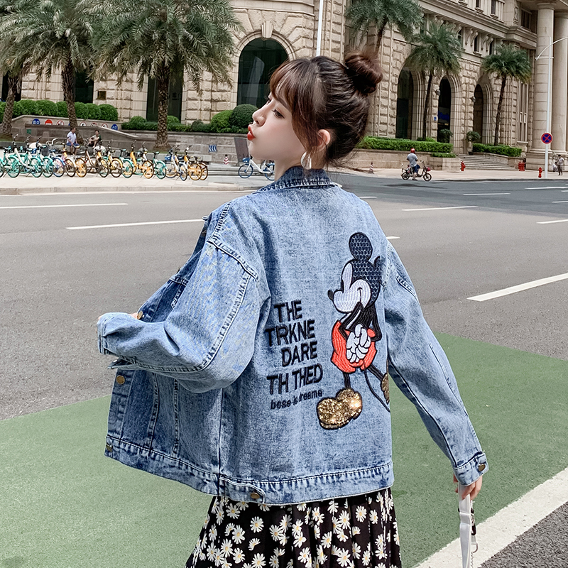 實拍歐洲站春秋新款刺繡寬鬆顯瘦牛仔外套女卡通米奇上衣潮