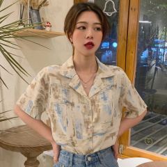 Real shot summer new Korean suit collar loose and versatile printed short sleeve shirt polyester